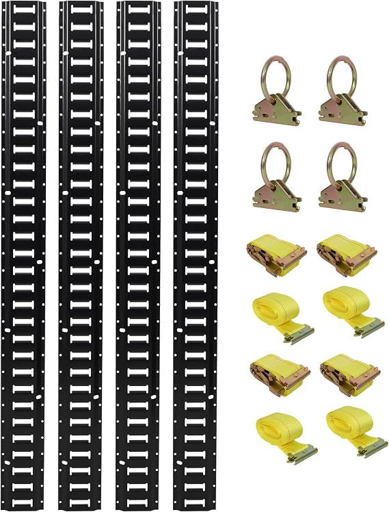 E Track Tie Down Rail Kit 12PCS, 4 Rails, O-Rings, Tie-Offs & Straps,Black