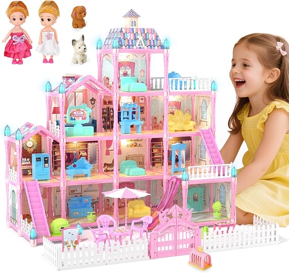 Doll House for Girls with Lights, 3 Dolls, 4 Floors -13 Rooms, 7 Sets of Furniture and Accessories, Design and Build Gift for 3 4 5 6 7 8+ Year Old Girls