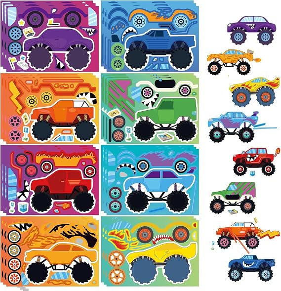 24 Sheets Cartoon Make a Face Stickers, Make Your Own DIY Stickers for Kids, Art Crafts Suitable for Birthday Party Supplies Gifts (Monster Truck)