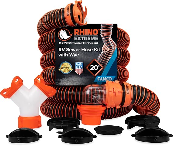 Camco RhinoEXTREME 20 Camper/RV Sewer Hose - RV Accessories Include 360 Clear Swivel Wye Fitting & Removable 4-in-1 Adapter for Storage and Organization & More - TPE Tech for Durability (21056)