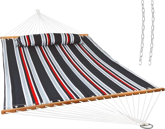 Sunnydaze Quilted Double Hammock for Outside with Pillow, Nautical Stripe | 450 lb Capacity, 74" x 55" Bed, 2-Person Hammock without Stand, Large Heavy-Duty Outdoor Hammock for Backyard or Patio