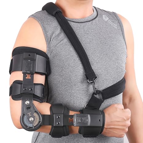 Hinged ROM Elbow Brace - Adjustable Post Op Elbow Brace Stabilizer Splint with Strap Sling Arm Injury Recovery Support After Surgery for Men Women (Left, Black)