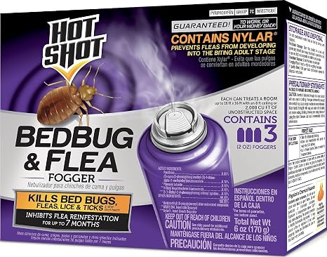 Hot Shot Bedbug and Flea Fogger with Nylar 3 Count-2 Ounce Cans | Kills Bed Bugs, Fleas, Lice & Ticks, Inhibits Flea Reinfestation up to 7 Months, Use Indoors, Treats 2,000 Cu. Ft.