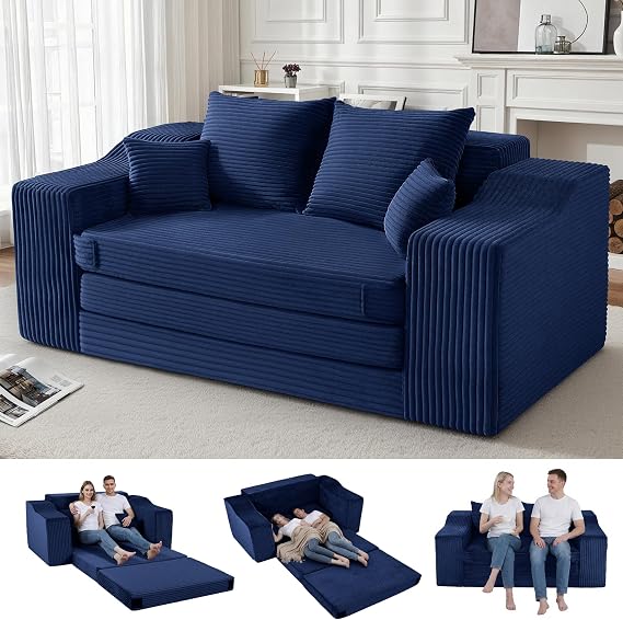 HABUTWAY 57" Folding Sofa Bed, 3-in-1 Convertible Boneless Sofa Bed | Tri-folding Comfy Corduroy Floor Couch w/3-Pillow & Ottoman,Foldable Sleeper Sofa for Living Room Bedroom, Blue