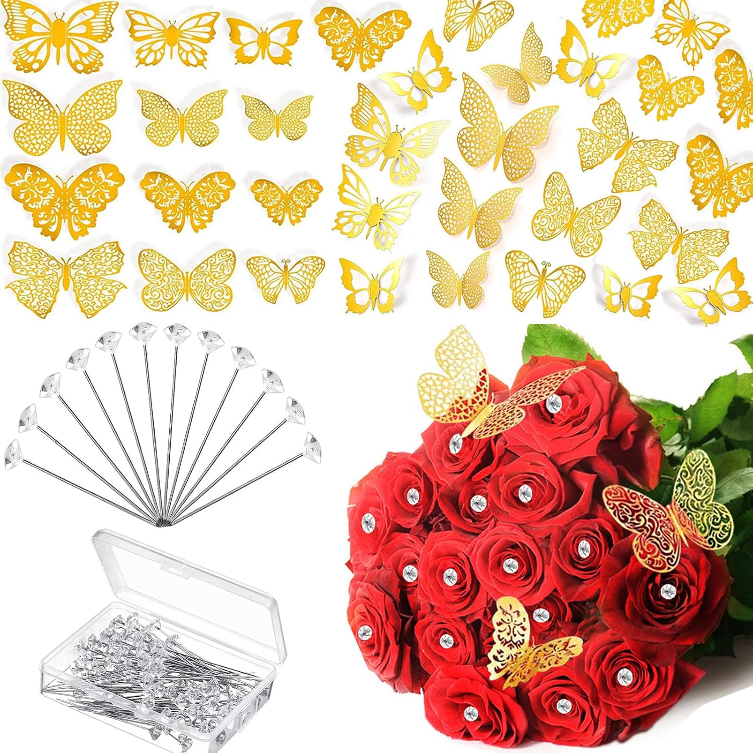 148 Pcs Bouquet Corsages Pins for Flower and 3D Gold Butterfly Wall Decor Set Flower Diamond Pins Crystal Head Straight Pins Bouquet Accessories for Mothers Day Birthday Wedding Party