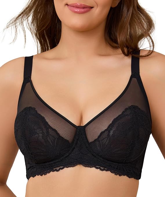 Women's Lace Minimizer Bra Full Coverage Unlined Underwire | Double-layer V-neck mesh, smoothing U-back, natural shaping, wide adjustable straps, breathable comfort, sizes 34B-42DD