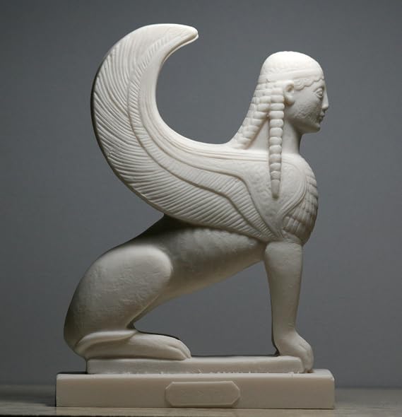 Sphinx Greek Mythical Woman Headed Lion Statue Cast Marble Sculpture Figure 6.9