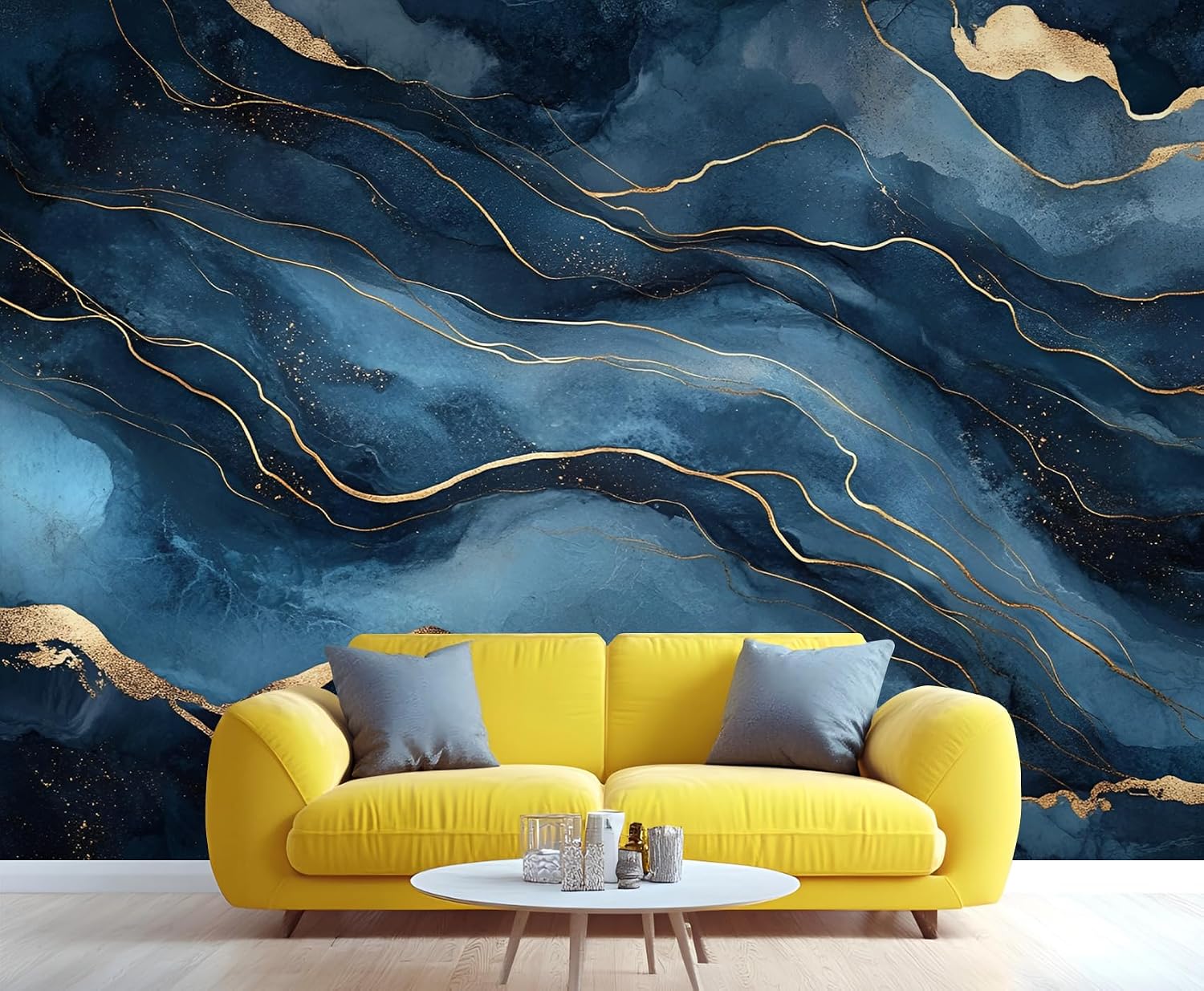 Marble Wallpaper, Black and Gold Wallpaper for Bedroom, Royal Blue Removable Wallpapers, Nordic Luxury 3D Large Photo Murals for Dining Room, 118 x 83, Not Peel n Stick