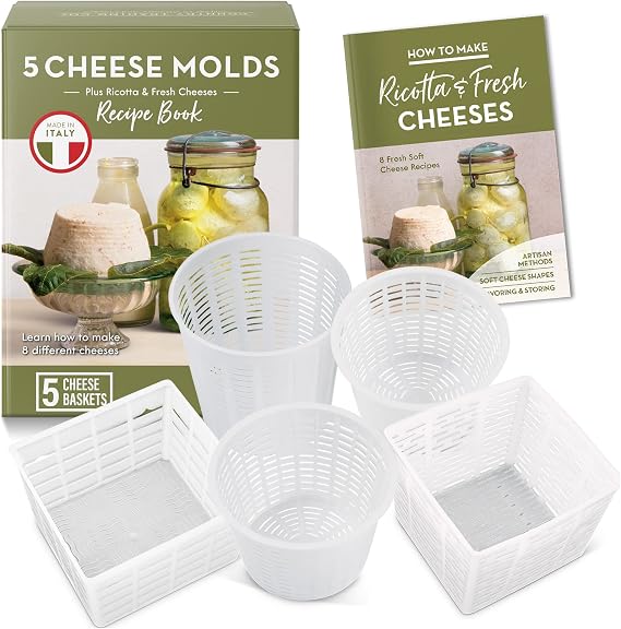 Easy Cheesemaking Set | 5 Cheese Molds + Cheese Making Book | Made in Italy | Recipes to Make Ricotta, Paneer, Goats Cheese, Quark and More | Professional Cheese Press Basket Mold Set of Strainers