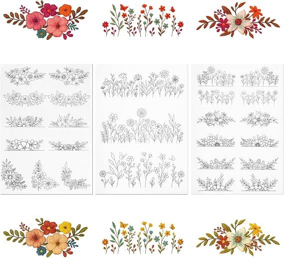 Water Soluble Embroidery Stabilizer 3 Sheets Water Soluble Stabilizer for Embroidery Patterns Stick and Stitch Embroidery-Paper Designs Transfer Paper with Pre-Printed Flower Leave for Hand Sewing