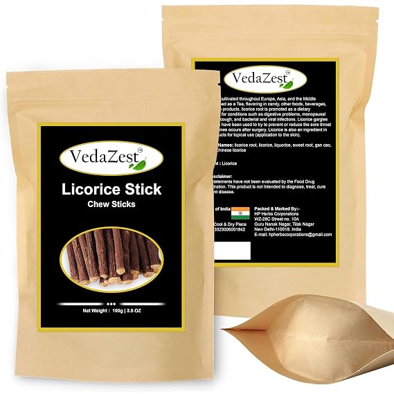 VedaZest Organic Licorice Root Sticks 100% Pure, Raw Natural Licorice Root Chew Sticks (100g), Non-GMO, Dried & Pure Mulethi