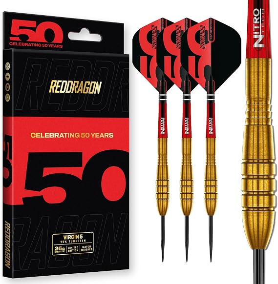 RED DRAGON DARTS - 50 Year Classics Collection - Virgin 5-95% Tungsten - Professional Steel Tip Darts Set - Includes Dart Flights & Dart Stems (Shafts) - Available in 24g & 26g