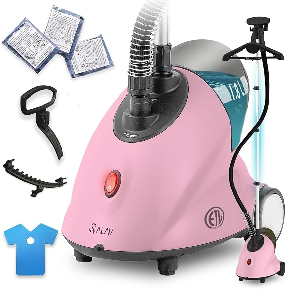 SALAV Standing Garment Steamer with Roll Wheels for Easy Movement, 1.8L Water Tank for 1 Hour Continuous Steaming, Adjustable Pole for Storage, 1500 watts (Pink) and Accessories Pack