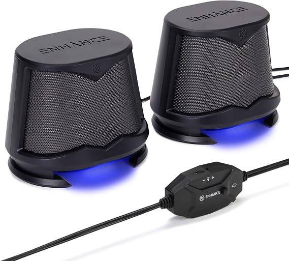 ENHANCE SB2 PC Speakers with Blue LED Glow Lights and 2.0 USB Powered Design - 10W Peak Sound, 3.5mm Wired Connection, in-Line Volume Control - Compatible with Gaming Desktop, Laptop, PC - Black