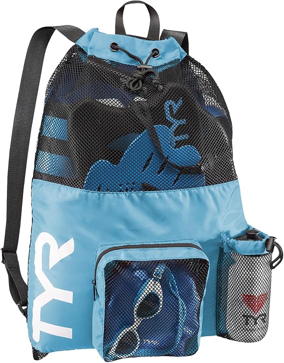 TYR Big Mesh Mummy Backpack - Ventilated Swim & Gym Gear Bag, Blue | 40-Liter Capacity | Mesh Venting Drainage | Side Organization Zipper Pocket | Barrel-Lock Closure