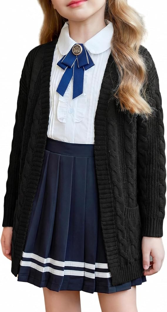 Arshiner Girls Open Front Cardigan Long Sleeve Casual Kids Fall Clothes Solid Thick Chunky Sweater Coat with Pockets