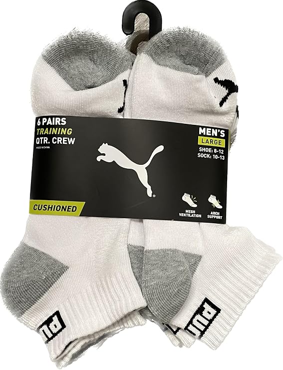 Puma Training Quarter Crew Cushioned Men Socks - Shoe 8-12