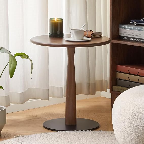 YESWOOD Solid Wood Side Table, Narrow Bedside Table Sofa Table with Metal Base, Modern Round End Table for Living Room, Bedroom or Balcony (Black Walnut)