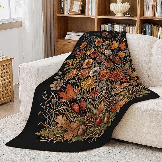 Aimego Fall Throw Blanket, Autumn Floral Fleece Blanket 50"x60"