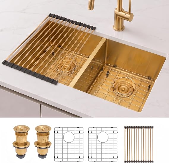 LQS Gold Kitchen Sink 31 Inch, Gold Double Kitchen Sink, Undermount Stainless Steel Sink 16 Gauge Top Grade, R10 Round Corner, X-Shaped Drain Line and Equipped with Roll-Up Dish Rack for Drying