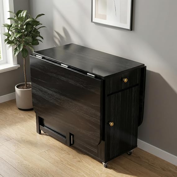Small Drop Leaf Table - 51" Fully Assembled Folding Dining Table 4-6 Seater with Storage and Lockable Wheels, Space-Saving for Kitchen or Dining Room (Black)