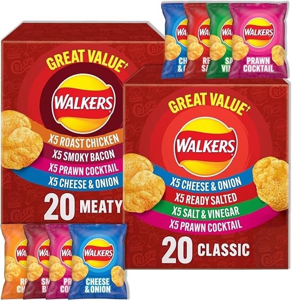 Walkers Crisps Variety Family Pack Multipack Bundle Classic Box 20 x 25g & Meaty Box 20 x 25g - 40 Bags in Total