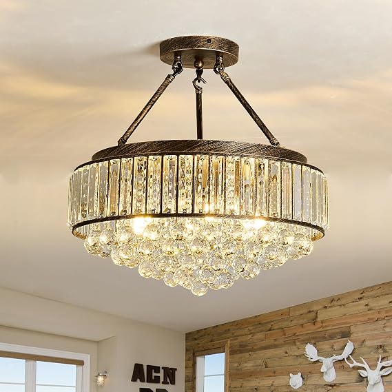 6-Lights Modern Crystal Chandelier Bronze Metal Semi Flush Mount Ceiling Light Fitting Round Ceiling Light for Dining Room Living Room Bedroom Bathroom Kitchen [Energy Class A]
