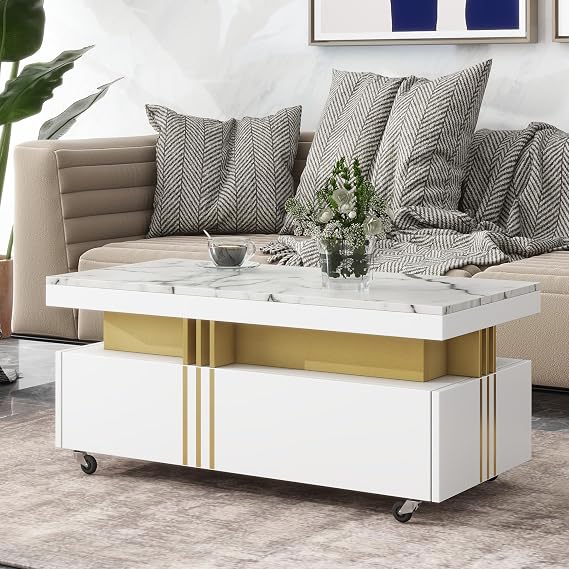 White Glam Rectangular Coffee Table with Faux Marble Top, 2 Storage Drawers, Caster Wheels, 39.3" W x 19.6" D x 17.5" H