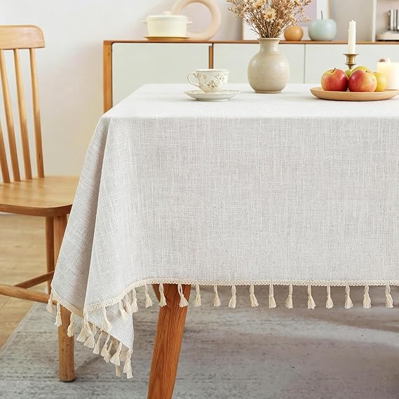 Laolitou Textured Table Cloth for Rectangle Table, Heavy Duty Farmhouse Tablecloth Solid Cotton Linen Waterproof Wrinkle Free Burlap Tables Cover for Kitchen Dining,Party, Ivory 55x106,8-10 Seats