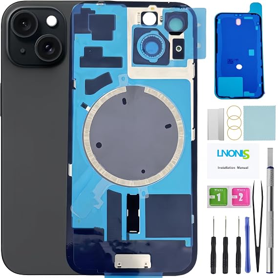15 Back Glass Replacement for iPhone 15 Rear Back Cover Glass Waterproof and Camera Lens+Professional Repair Tool Kit (Black)
