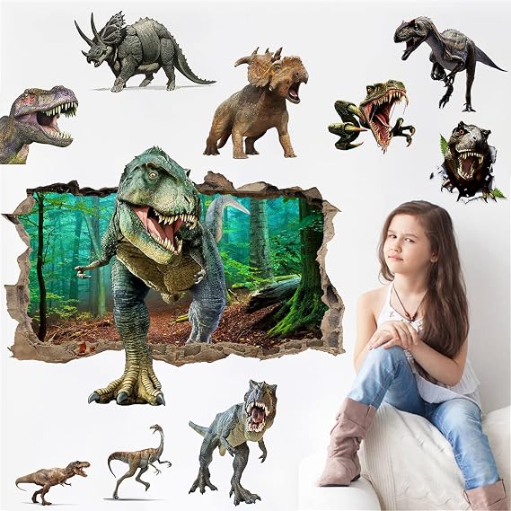 3D Large Dinosaur Wall Stickers | Peel and Stick, Removable Vinyl, Dino Decals, For Living Room, Background Wall and Kids Boys Room