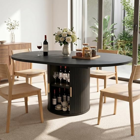 110-150cm Extendable Round Dining Table for 4-8 with Hidden Storage, Black