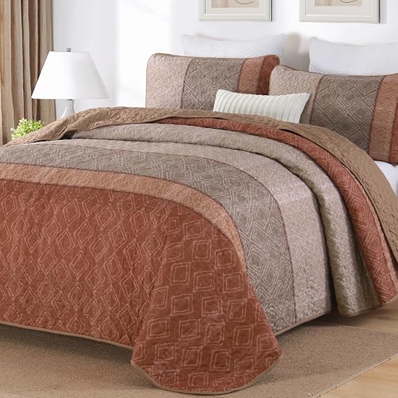 Cottolester Boho Quilt Set King,3 Pcs Red Orange Striped Plaid Bedspread