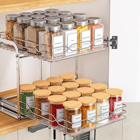 Extendable Spice Rack 2 Levels Rustproof Spice Rack Organiser Upper and Lower Baskets Can Be Pulled Independently Height Adjustable for Cabinet W 23.8 x D 26.4 x H 24 cm