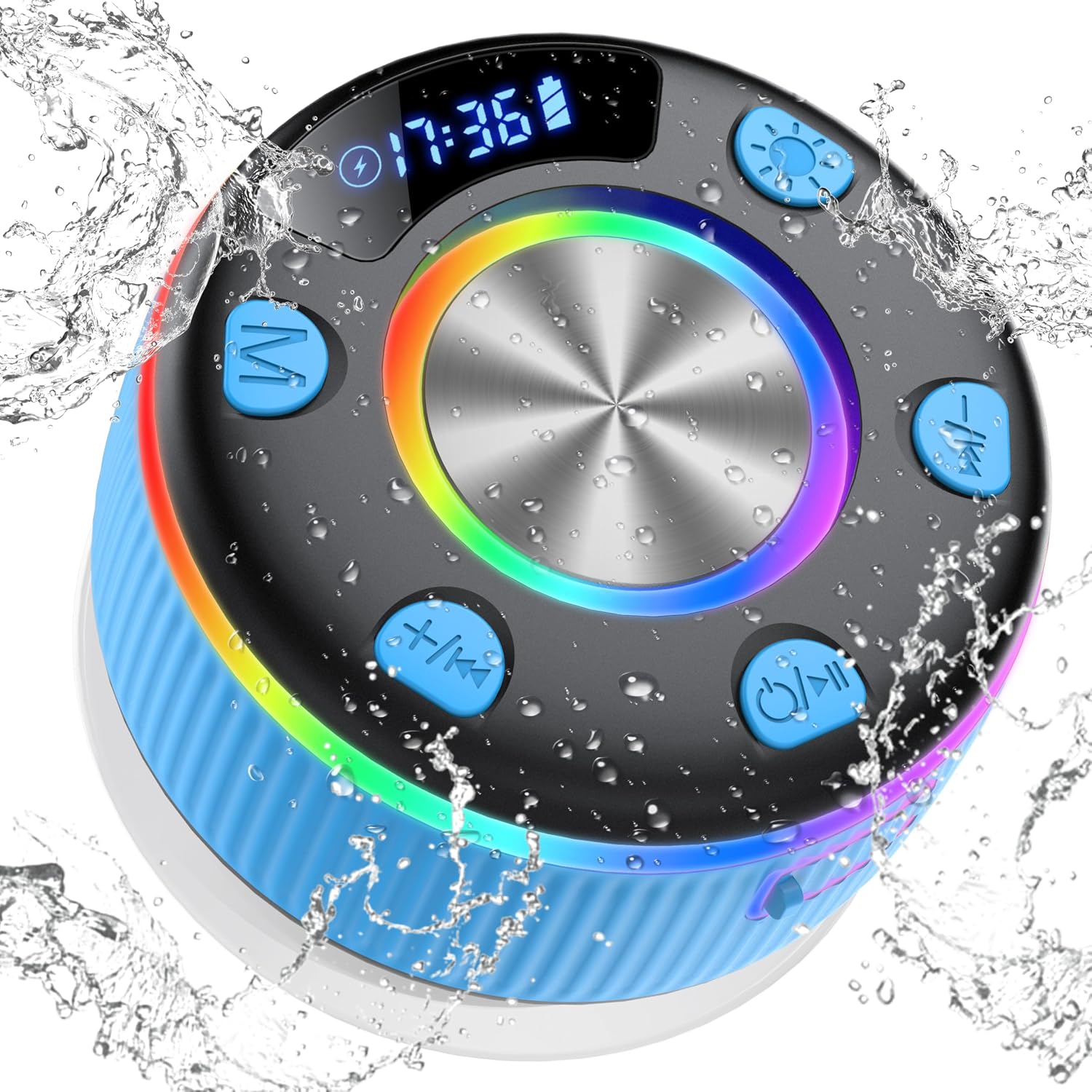 Bluetooth Shower Speaker, Portable Bluetooth 5.3 Speakers Wireless with Time Display, IP7 Waterproof Speaker with RGB Lights, Stereo Bass, Suction Cup, Mini Speakers for Bathroom Party Outdoor, Azure