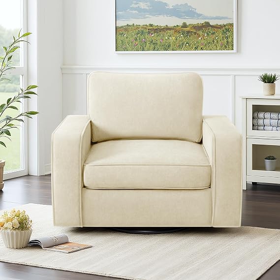 BestGlory 36.2" Wide Swivel Accent Chair - 360 Rotation Upholstered Modern Design Comfortable Cushioned Seating, Pillowback Rocking Chair for Living Room, Bedroom, Nursery and Reading Nook, Beige