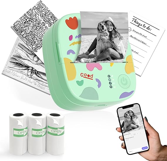 Mini Sticker Printer AHM2, Mini Thermal Printer with 3 Rolls Paper, Portable Bluetooth Inkless Printpods, Pocket Label Maker Suitable for Kids Creative DIY, Diaries, Photos, Study Notes-Green