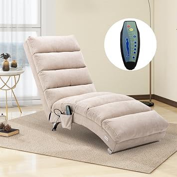 Chaise Lounge Chair Linen Upholstered Lounge Sofa with Electric Massage Ergonomic Recliner Indoor Chair Modern Long Lounger Leisure Chair for Office, Living Room,Bedroom,Beige