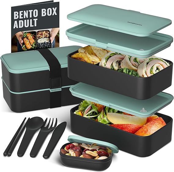 Bentoheaven Bento Box Adult, Stackable Lunch Box, 40 oz, Billie Green | BPA-free, leakproof and microwave-safe with 2 compartments, utensils, chopsticks, divider and sauce cup for men and women.