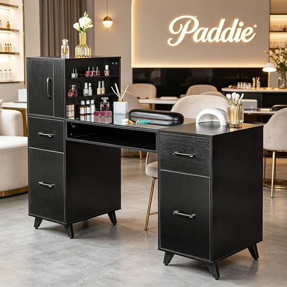 Paddie Manicure Table, Glass Table Top Nail Table Station Nail Makeup Desk for Nail Tech w3 Side Cabinets, Nail Arm Rest, 3-Tiers Open Shelves, 2 Storage Drawers, Metal Handles Black