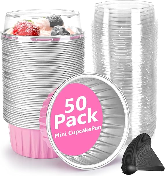 Mini Cake Pans with Lids and Spoons 50 Pack Round Aluminum Foil Cupcake Baking Cups Muffin Cups Tins Disposable Cake Cup Wrappers Cheesecake Crème Brulee Ramekins - 5oz Pink, 50 Pack