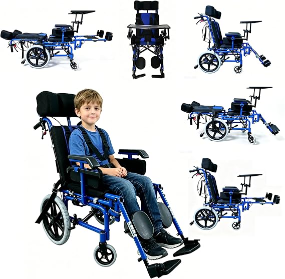 Pediatric Full Reclining Wheelchair, Heavy Duty 220 lbs Capacity Folding Kids Wheelchair, Children's Mobility Wheelchair,Multi-Functional Disabled Children,for Cerebral Palsy (Blue)