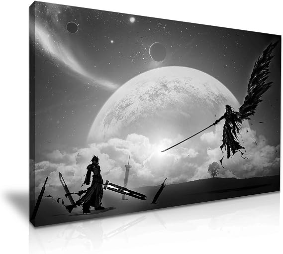 YES ART Final Fantasy 7 Sephiroth VS Cloud Stretched Canvas Poster Print - Gift for Final Fantasy Fans Home Game Office Decoration (S: 46cm X 31cm)
