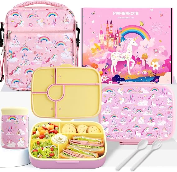Kids Bento Lunch Box with Thermo Leak-Proof Snack Lunch Containers with Insulated Lunch Bag Utensils Set Back to School Supplies Gifts for Boys and Girls Toddlers Kindergarten Lunch Accessories Pink