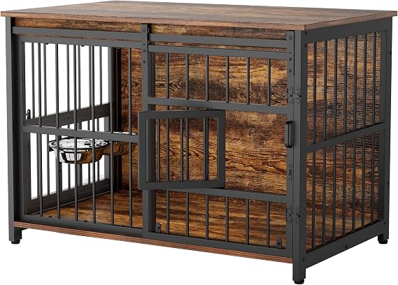 Dog Crate Furniture for large Dogs: 39" Heavy Duty Wooden Dog Kennel Indoor with Sliding Barn Door - XL Dog Crate with 2 Doors & Escape-Proof Multi-Lock Crates - Chew-Resistant & 360 Adjustable Bowls