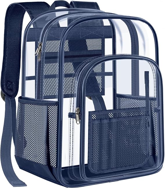 PAMANO Clear Backpack Transparent Heavy Duty Bookbag See Through Bag for College Work Travel Security, Navy XL