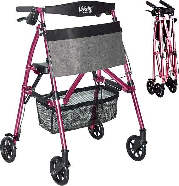 Stander Wonder Rollator Plus, Lightweight Folding Mobility Rolling-Walker, EZ Fold-N-Go-Rollator for Seniors and Adults, 6-inch Wheels, Locking Brakes and Padded Seat with Backrest, Regal Rose