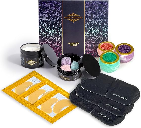 Spa Gift Set for Women The Mini Spa Retreat | Bath Bombs, Sugar Scrub, Candle, 24K Gold Eye Masks & Steam Eye Mask | Self Care & Relaxation Gift Box for Stress Relief at Home