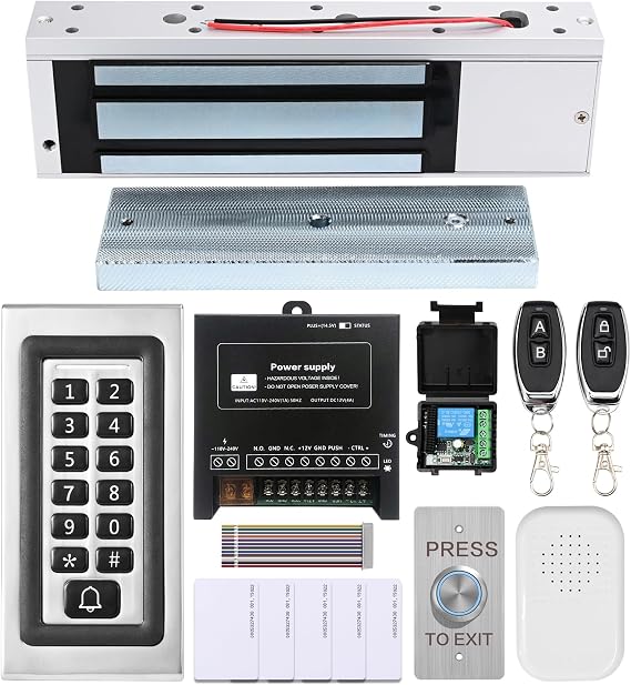 Access Control System Kit with Remote 1200lbs Holding Force Fail-Safe Electromagnetic Lock, Metal Keypad, 12V Power Supply, Exit Button & Doorbell, Supports RFID, Password & Remote Access