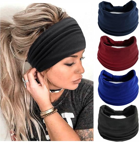 Boho Headbands For Women Fashion Stretch Wide Hair Bands Knoted Turban Head Bands Yoga Running Sweatband Elastic Headband Stylish Wrap Headbands Hair Accessories for Teen Girls 4 Pack